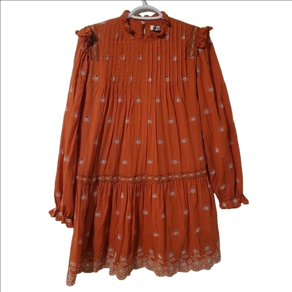 Zara Coral Embroidered Eyelet Mini Dress Long Sleeves Ruffles